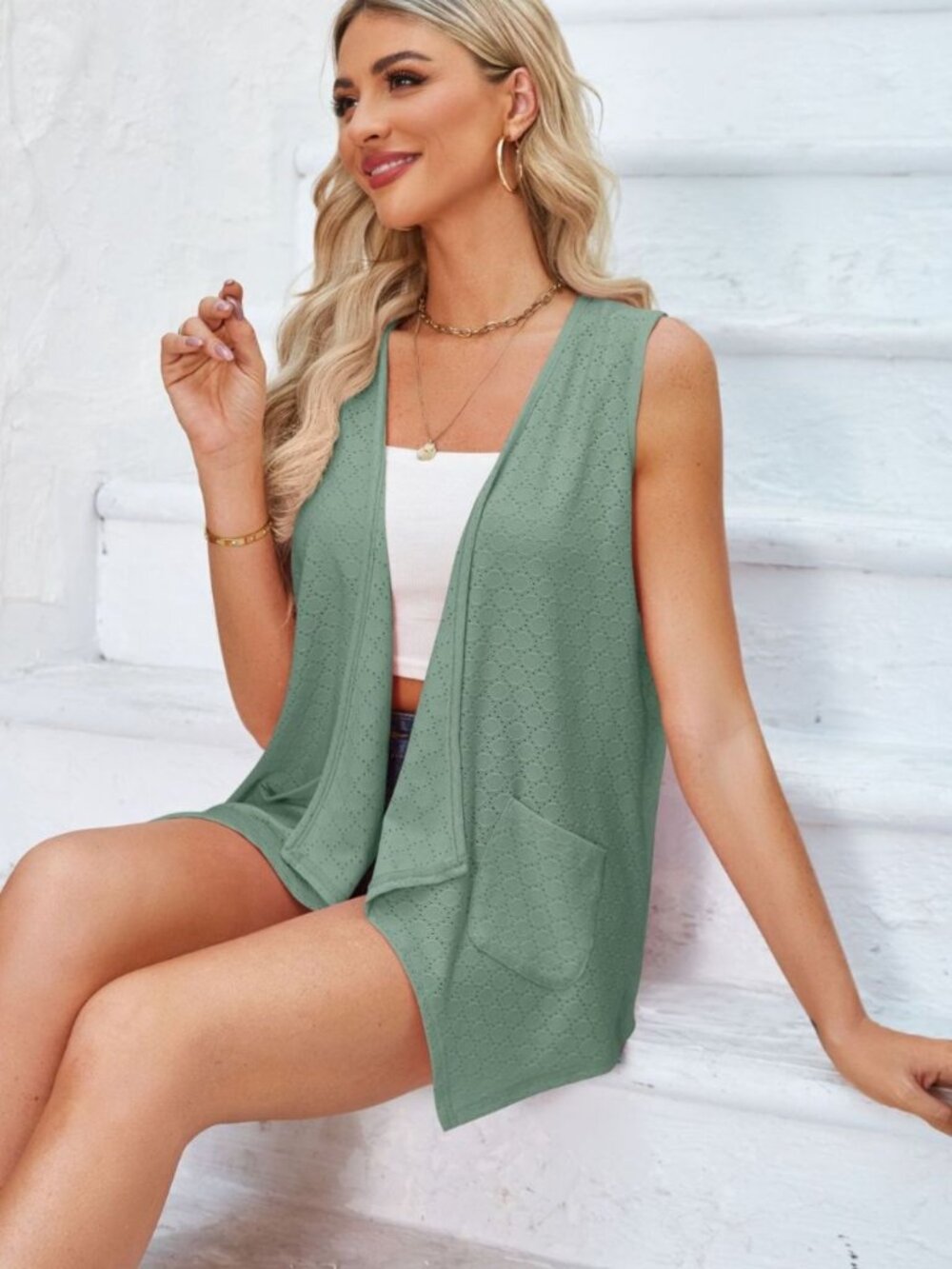Sage Green Eyelet Open Front Sleeveless Cardigan - Picture 4 of 6